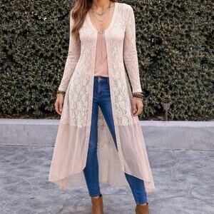 Romantic Long Lace Floral Sheer Fairy Cardigan Duster Brown Beige Boho